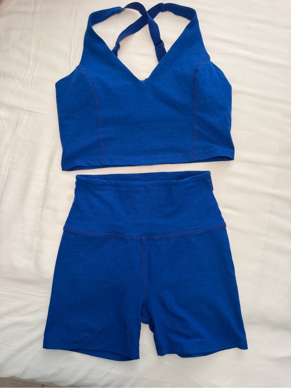 Beyond Yoga Space Dye Royal Blue High-Waist Bike Shorts and Top